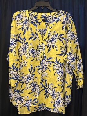 Talbots Yellow and Blue Floral V-Neck Blouse